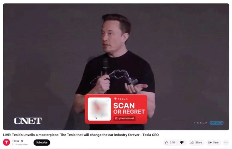 Sample Elon Musk Deepfake livestream video on YouTube.